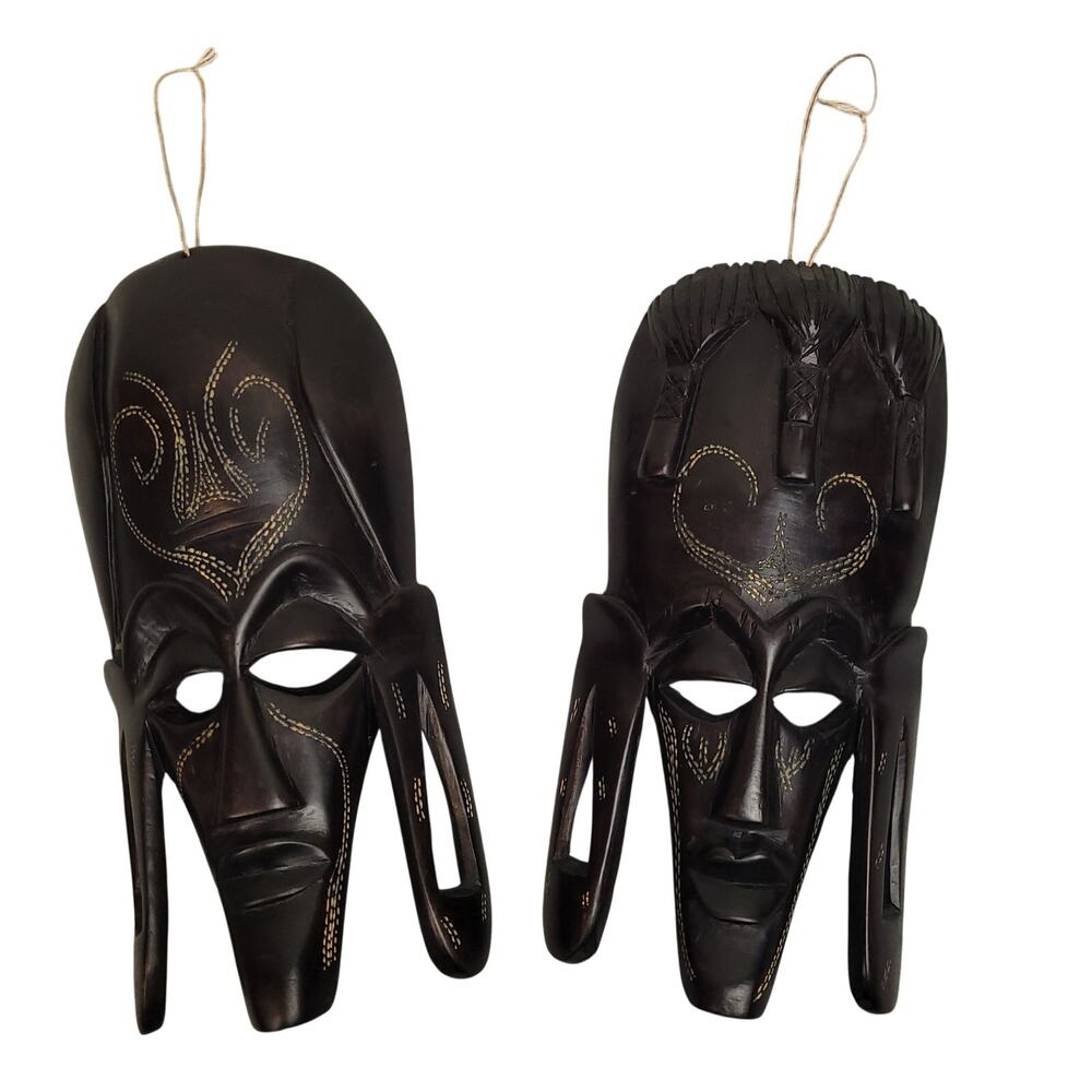 Vintage Hand Carved Wooden African Tribal Mask Set Kenya Kikuyu Tikar Decor